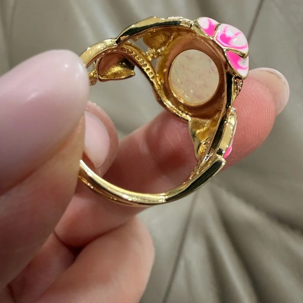 Floral Opal Statement Ring – Gold Tone Pink Enamel Flower Ring 9